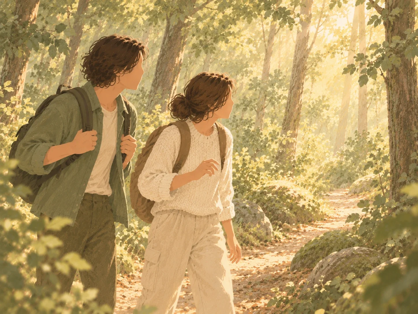 Ilustración: dos personas con mochila caminan por un sendero del bosque y giran la cabeza hacia un sonido.