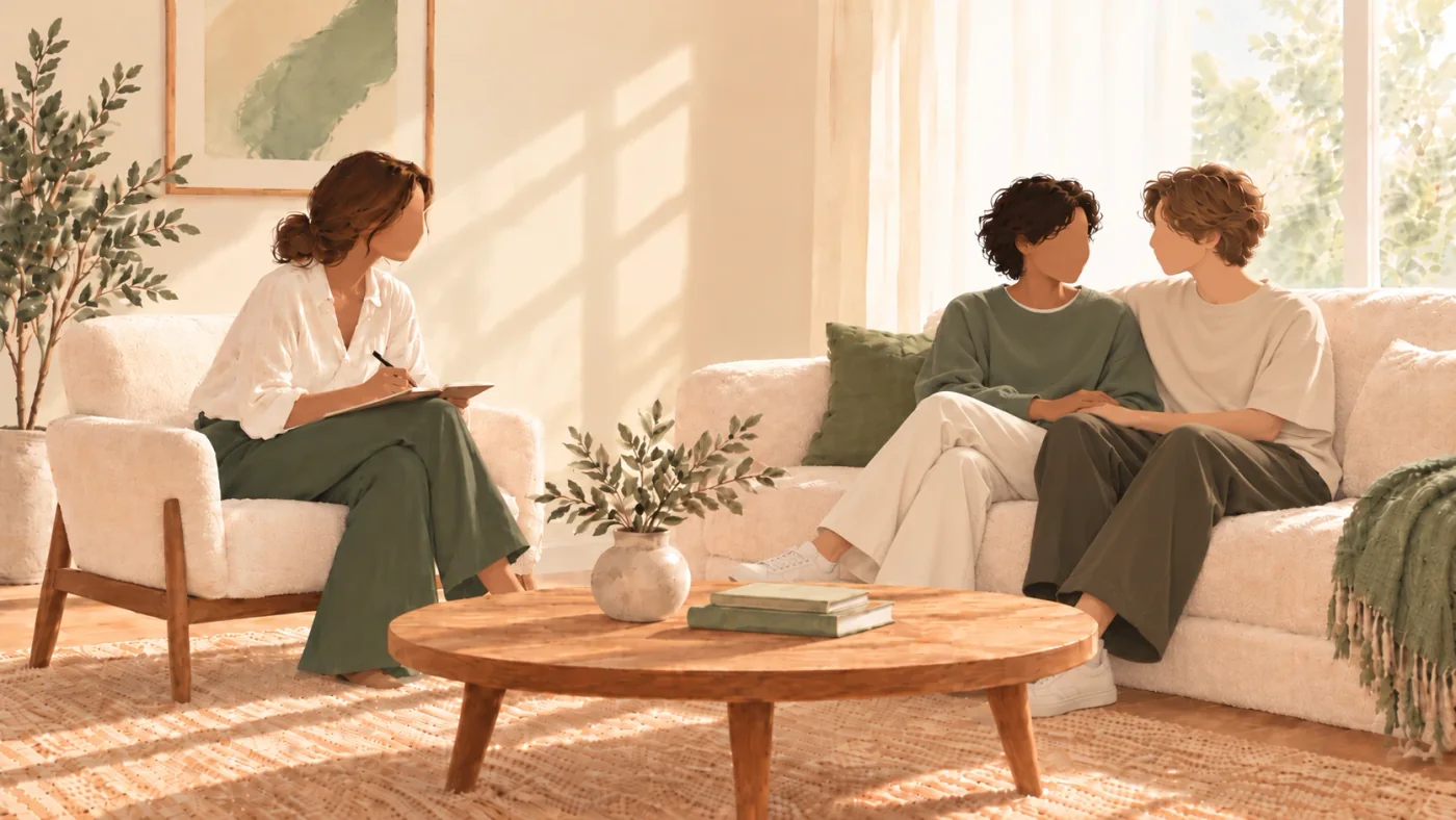 Ilustración: una pareja, cogida de la mano en el sofá, conversa con una psicóloga.