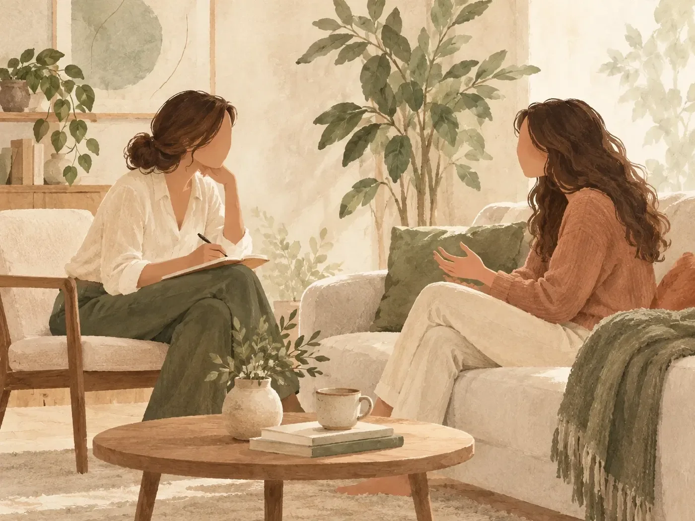 Ilustración: una terapeuta toma notas mientras escucha a una paciente sentada en el sofá de una consulta luminosa con plantas.