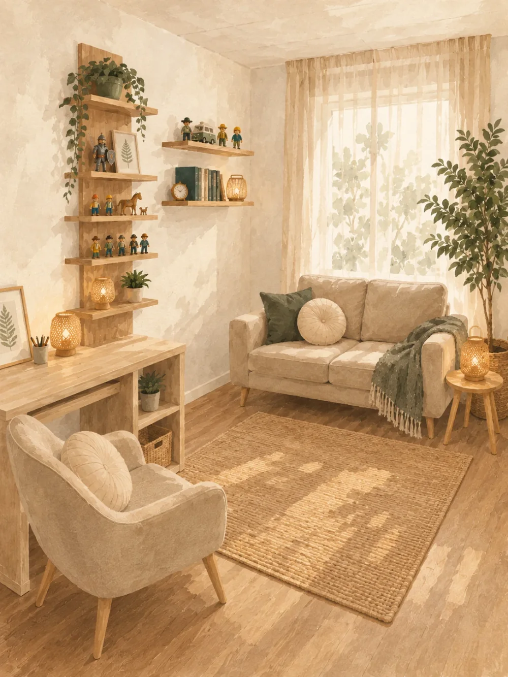 Ilustración de una de las salas del centro: sillón, sofá, estanterías con libros y figuras, lámparas cálidas y plantas junto a la ventana.